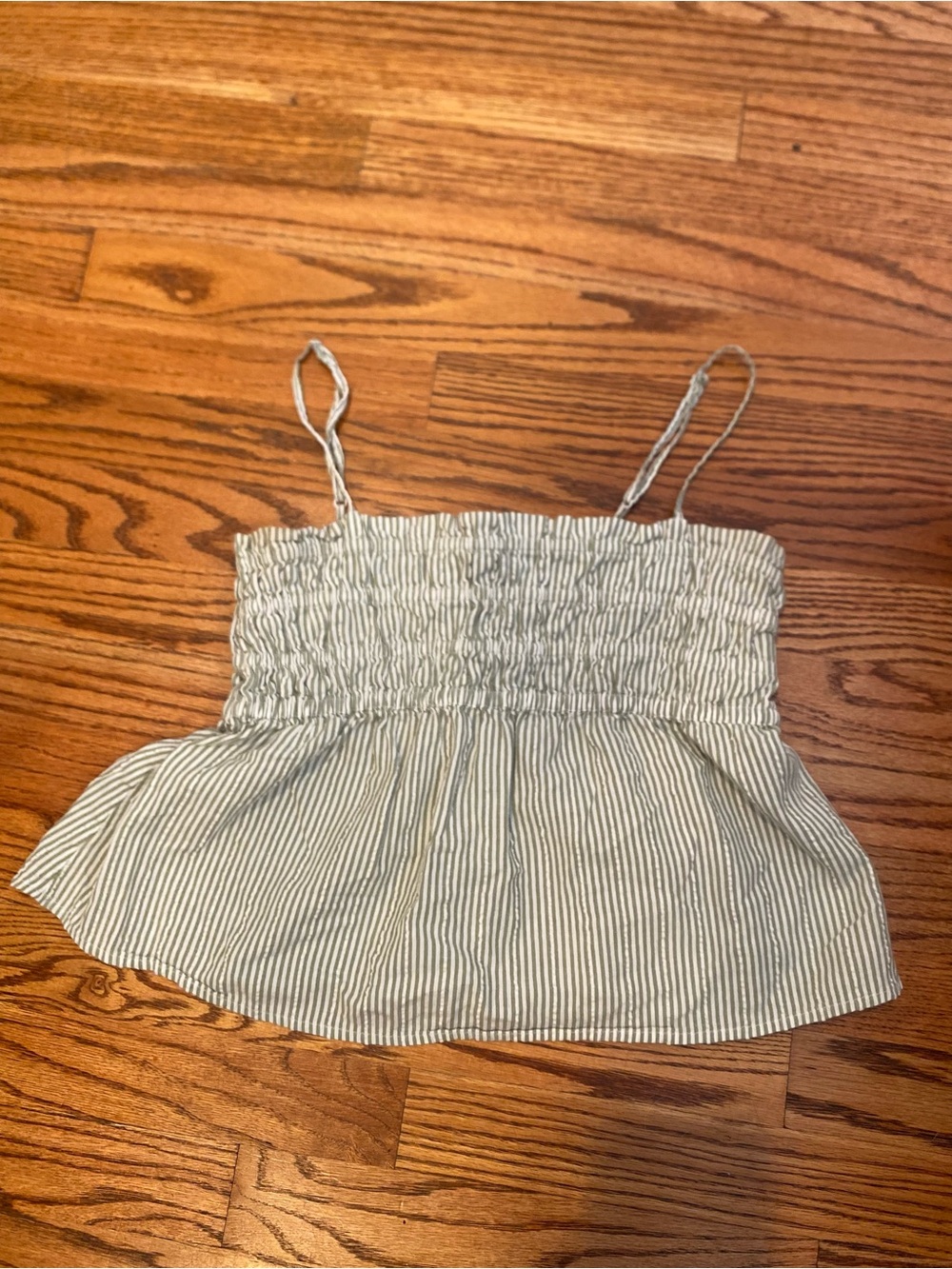 American Eagle Smocked  Striped Spaghetti Strap Tank Top - Light green / White